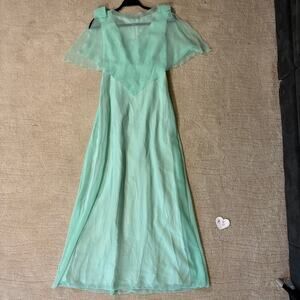 Vintage 70s Bianchi Women XS Chiffon Light Blue Bow Flutter Sleeve Maxi Dress